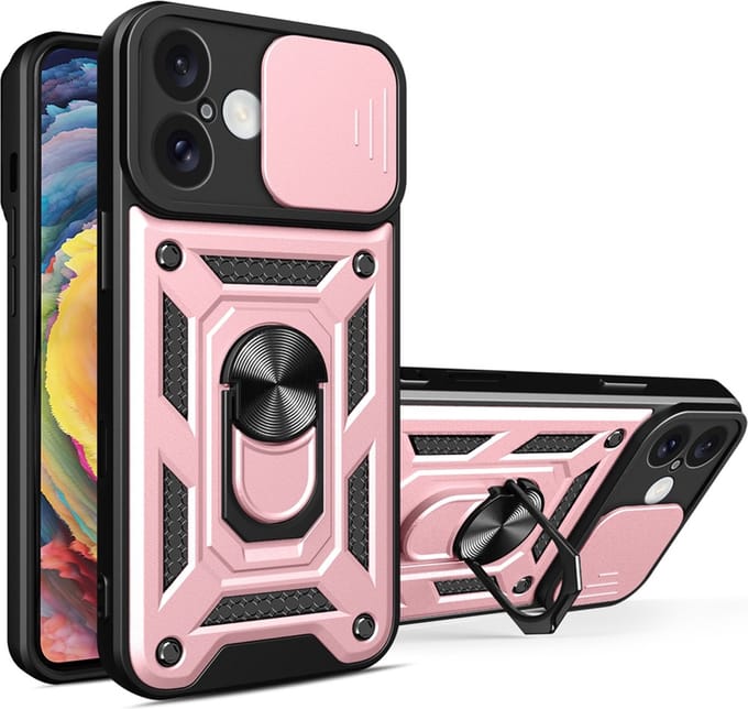 MobyDefend Hoesje - Geschikt voor iPhone 16 - Pantsercase Met Draaibare Ring - Rosé