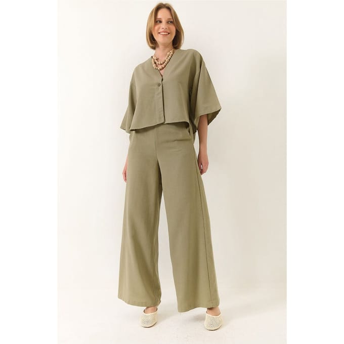 V-hals Tuniek en Wijde Pantalon Twee-Delige Set