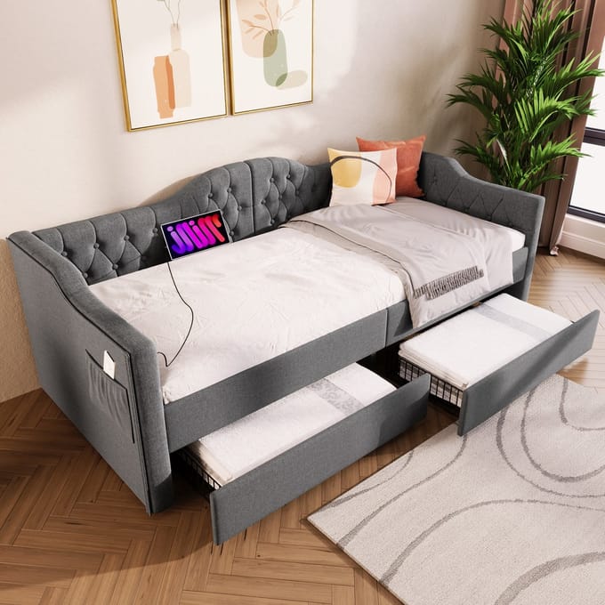 MODENUIT Bedbank 90x190 cm – Bedframe met USB- en Type-C-aansluiting – 2 Laden – Gestoffeerd Linnen – Zonder matras – Grijs