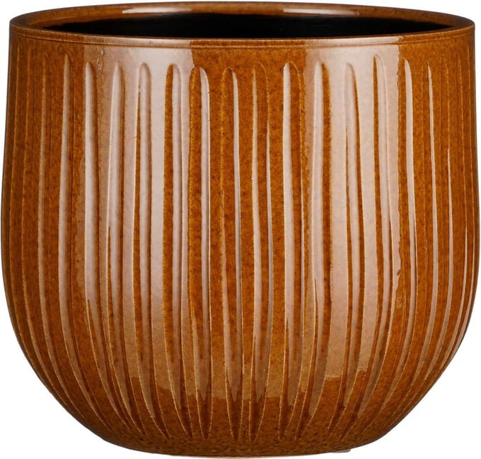 Mica Decorations Plantenpot/bloempot - keramiek - okergeel glans/ribbels- D25/H20 cm