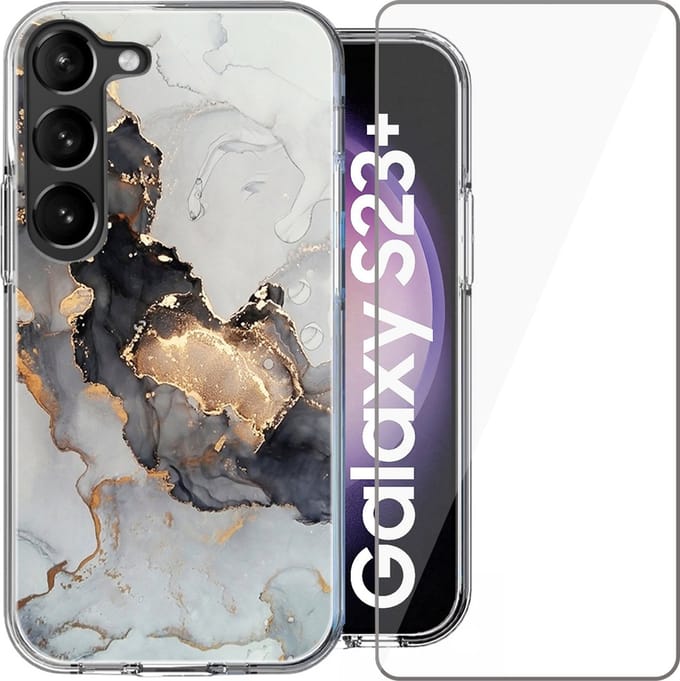 Hoesje geschikt voor Samsung Galaxy S23 Plus - Screen Protector Glas - Back Cover Marmer Siliconen Case Wit & Screenprotector