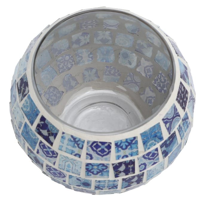 Theelichthouder Blauw en Wit Glasmozaïek Bloempatronen Warm Romantisch Handgemaakt gray