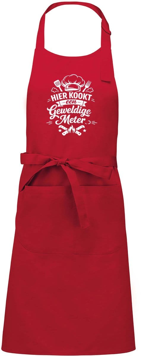 mijncadeautje - luxe schort - hier kookt een geweldige meter - rood - opdruk wit