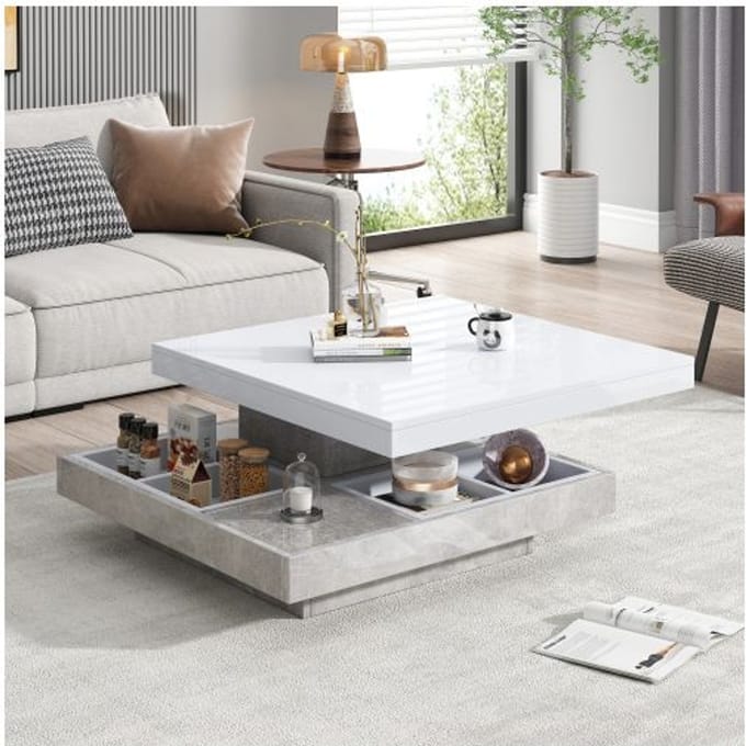Salontafel - MUVOE - Dubbel draaiplateau - Wit - Gemarmerd - 70x70cm wit