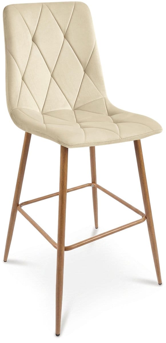 Barkruk LIBRA - Lichtbeige fluweel - Eikenlook metalen poten - Modern design