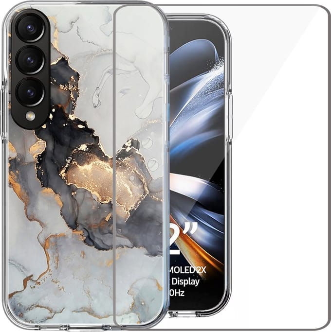 Hoesje geschikt voor Samsung Fold 4 - Back Cover Siliconen Case Marmeren Hoes Wit + Screen Protector Gehard Glas Screenprotector