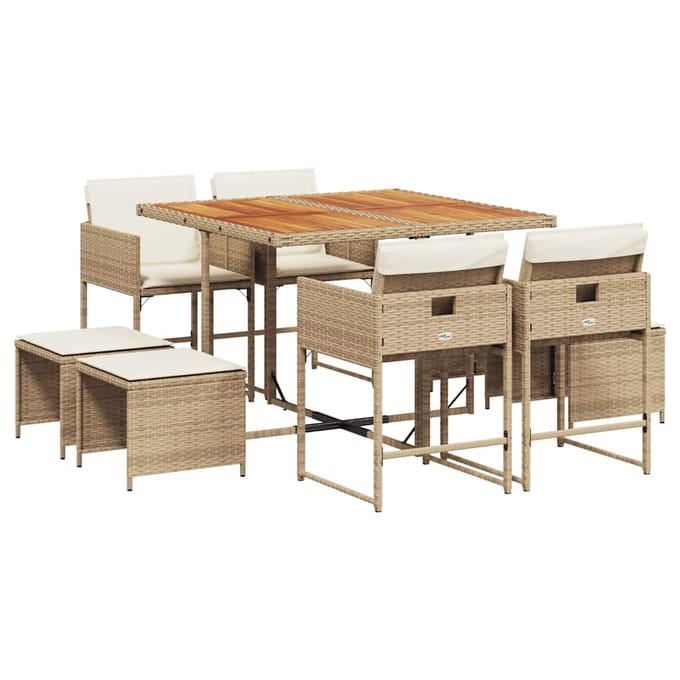 vidaXL - 9-delige - Tuinset - met - kussens - poly - rattan - beige