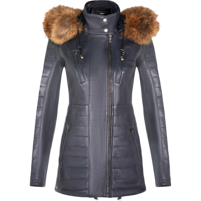 Dames blauwe gewatteerde leren parka-jas - Winton