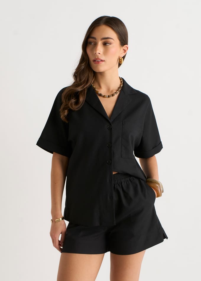 Zwart linnen mix oversized overhemd met knopen