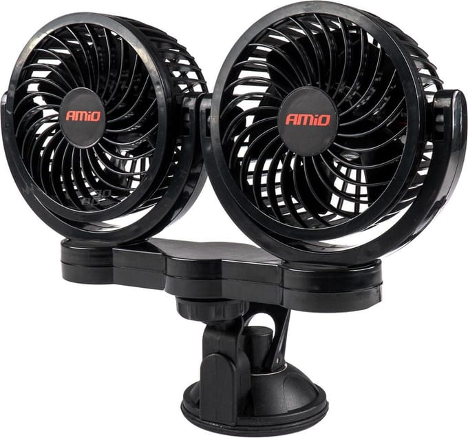 AMiO Dubbele Autoventilator Zuignap met USB-oplader Zwart (5x10 cm) 12V