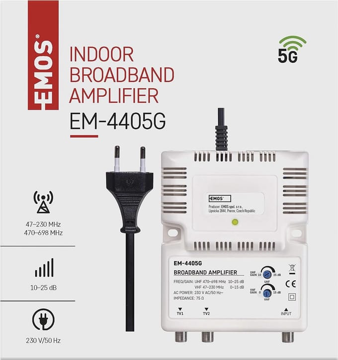 Breedband Signaalversterker 25 dB voor DVB-T2 en Kabeltelevisie