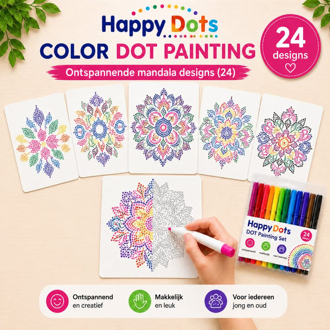 HappyDots Color DOT Painting set Mandala 24 creatieve designs met stiften set