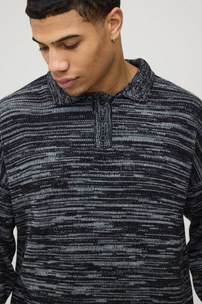 Ontspannen Boxy Gemêleerde Gebreide Polo | Black | Size Small
