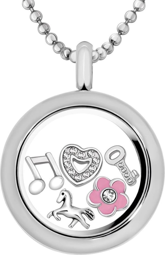 Quiges Memory Medaillon RVS 25mm met Ketting 70cm en 5 Floating Charms - CLS013