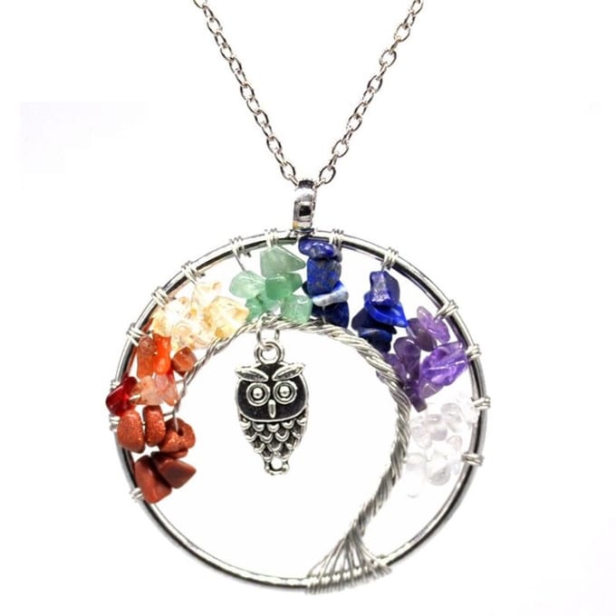 Fako Bijoux® - Ketting - Chakra Reiki - Boom Met Uiltje XL - Multicolour