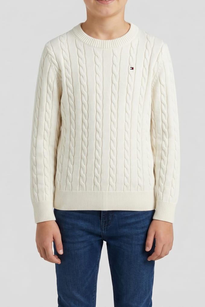 Tommy Hilfiger Boys Cotton Cable Sweater Ivory Silk Maat: 10Y | Truien Outlet | kids | Wit