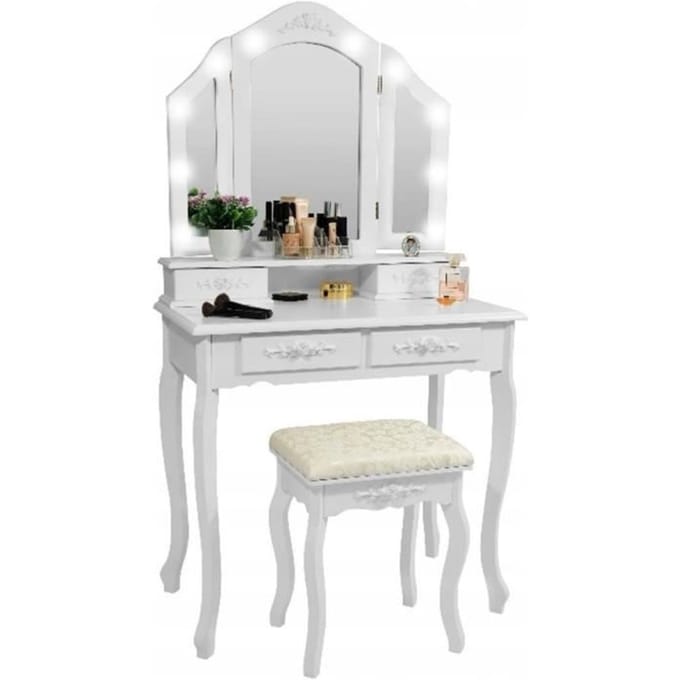 Witte houten kaptafel met spiegel en kruk, verlicht door LED - 75x40x144 cm wit