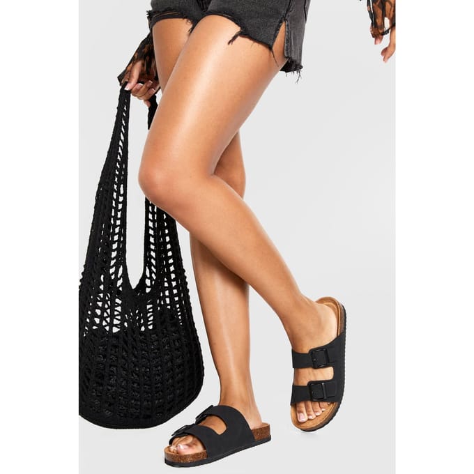 boohoo Dames Double Strap Footbed Buckle Sliders | Zwart | Maat: 37