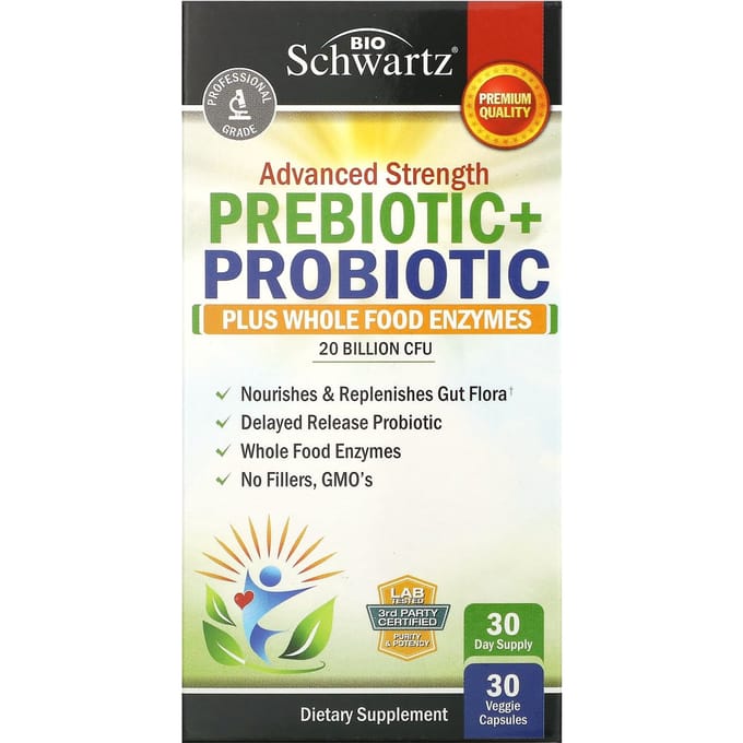 BioSchwartz, force avancée, prébiotique + probiotique, 20 milliards d'UFC, 30 capsules végétales