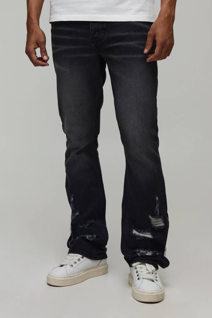 Gescheurde Flared Jeans Met Ritsdetail En Slim Stacked Fit | Washed Black | Size 32R