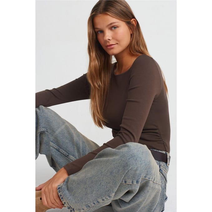 Slim Fit Geribbelde Bootneck Blouse