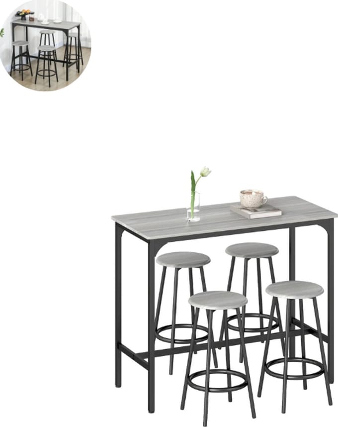 Bartafel keuken - Bartafel Set - Barkruk - Barstoel - keukenstoel - Voetsteun - Grijs