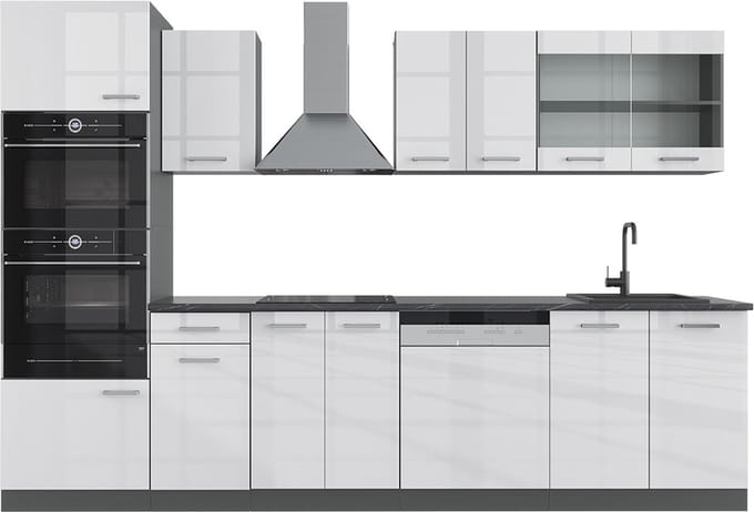 Vicco R-Line Complete keukeneenheid – 300 cm met hoge kast, WB Eik Wit hoogglans/antraciet