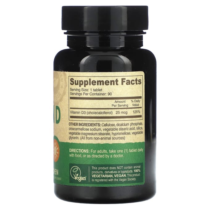 Deva, vitamine D3 végétalienne, 25 mcg (1 000 UI), 90 comprimés