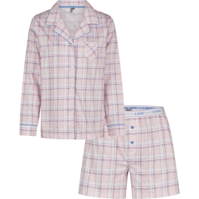 By Louise Dames Pyjama Set Shortama Blouse Lange Mouw Roze Geruit - Maat M