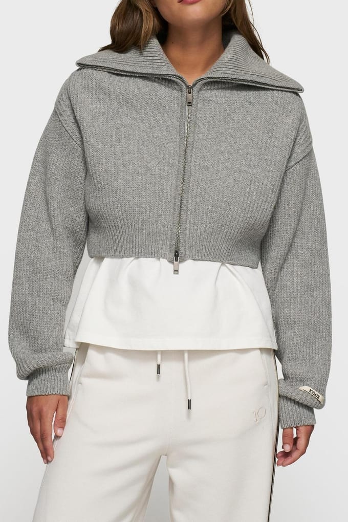 10DAYS Cropped Knit Zip Jacket Light Grey Melee Größe: M | Pullover Outlet | Damen | Grau