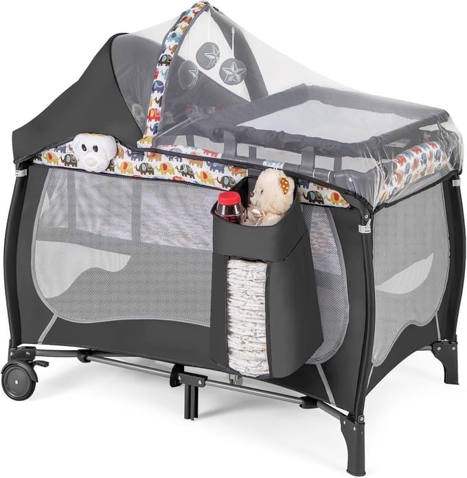 4-in-1 Draagbaar Babybed met Commode, Wieg en Luifel