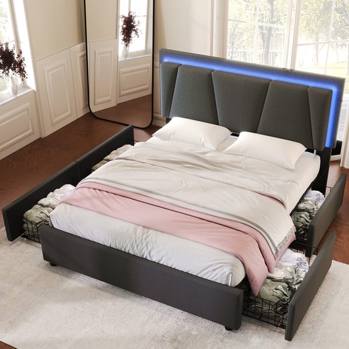 REDOM Bedframe 140x200 cm – Linnen grijs – Met verstelbaar hoofdeinde, LED & 4 lades – Modern