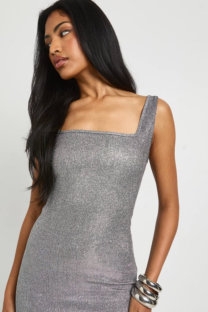 boohoo Dames Glitter minijurk met vierkante hals | Silver | Maat: 10