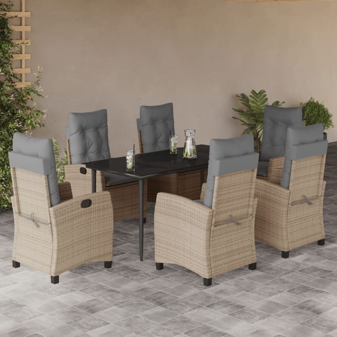 vidaXL - 7-delige - Tuinset - met - kussens - poly - rattan - gemengd - beige