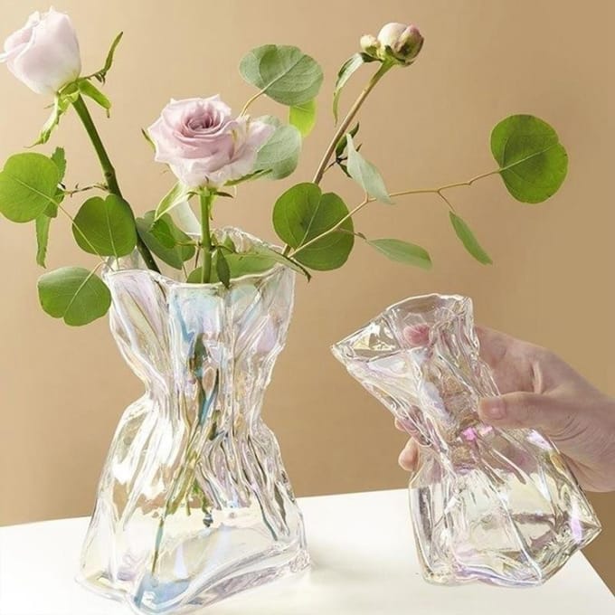 Vase en verre plissé léger et luxueux pour hydroponie, pour salon, table à manger, fleurs séchées gray