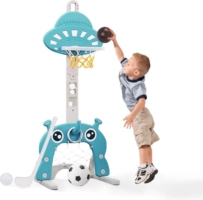 4-in-1 Hoogte Verstelbare Basketbalkorf voor Kinderen - Voetbaldoel - Golfspel - Ringwerp - Baby's en Peuters