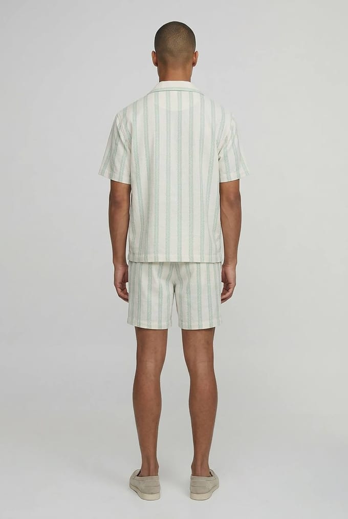 Geborduurd Gestreept Oversized Shirt & Wijde Korte Broek Set | Sage | Size Medium