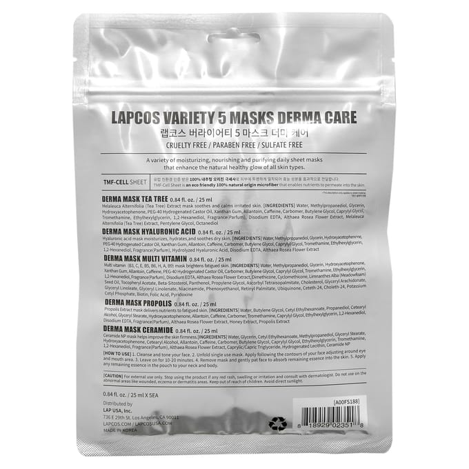 Lapcos, Variety 5 Schoonheidsmasker Derma Care, 5 vellen, 25 ml (0,84 fl oz) elk blue