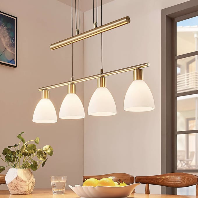 Lindby - hanglamp - 4lichts - Glas, metaal - H: 12 cm - E14 - wit, mat messing