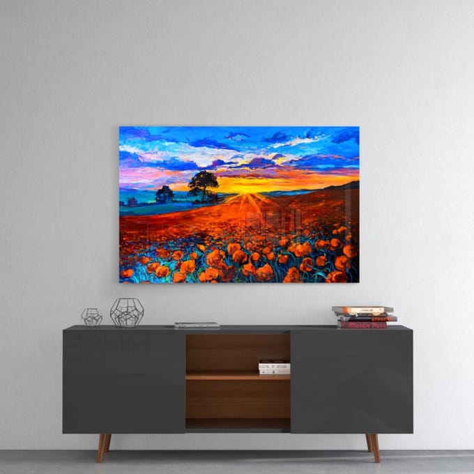 Poppy veld glas schilderij
