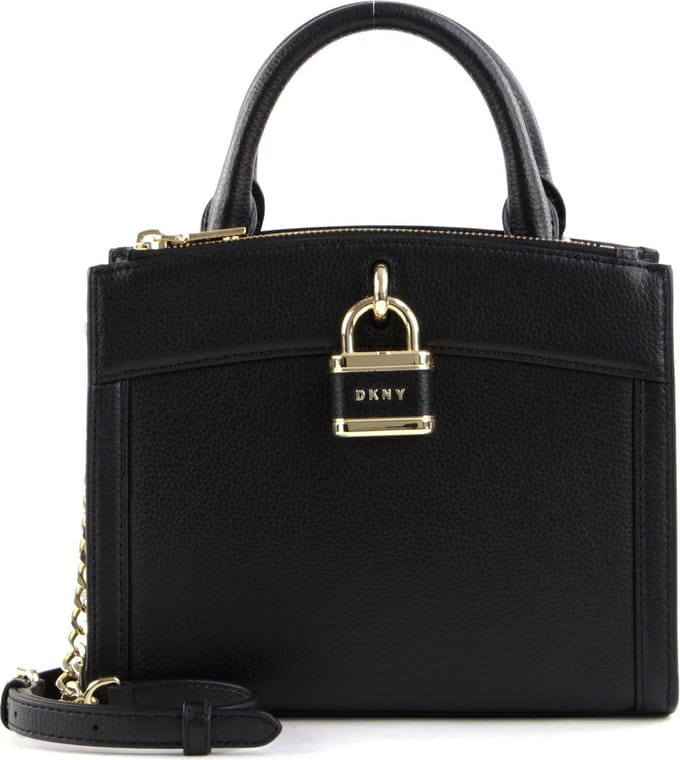 DKNY Leren Schoudertas Handtas Ella Satchel Bag Blk / Gold Zwart