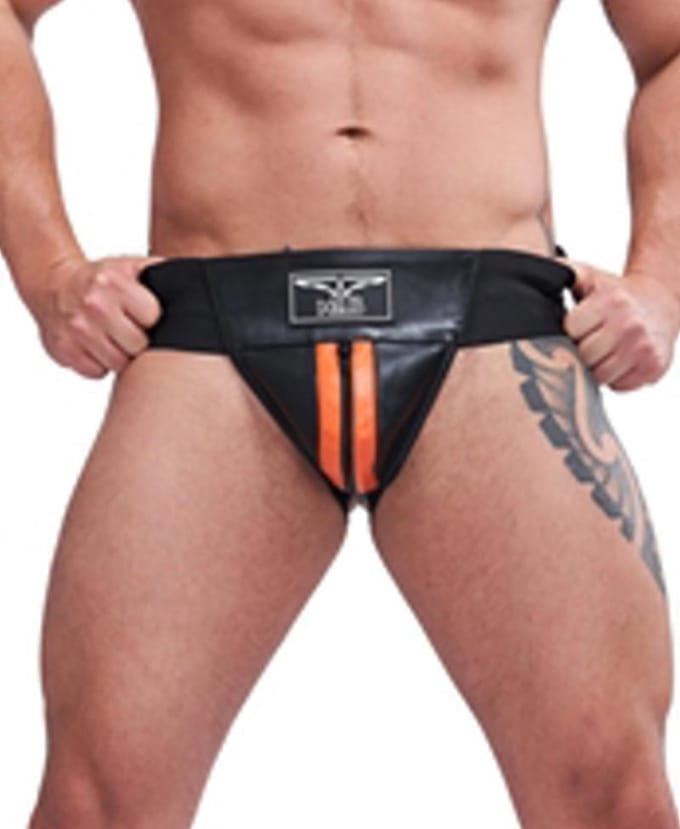 Mister B leren premium jockstrap met oranje bies - medium