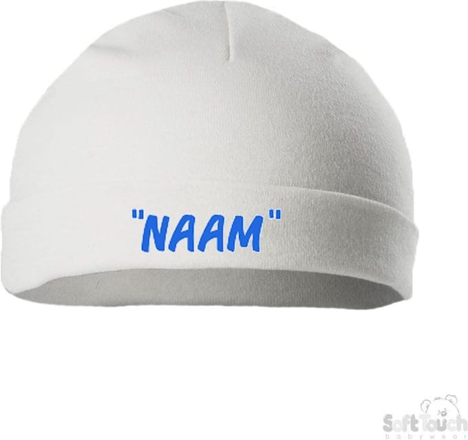 Soft Touch Mutsje Rolmutsje Bedrukt "Met Eigen Naam"Lettertype BONOCO Wit/blauw Maat 0-3 maanden Maat 56/62