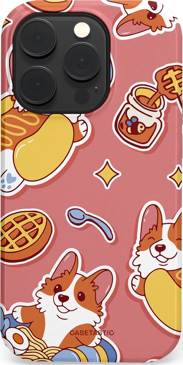 Casetastic hoesje geschikt voor Apple iPhone 14 Pro - MagSafe - Dubbellaagse bescherming - Corgi snacks - Fashion Case - Koraal Terracotta Lichtgrijs Goud