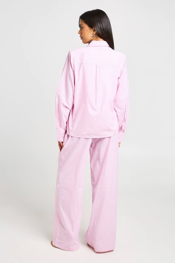 boohoo Dames Katoenen Popeline Gestreept Oversized Shirt | Roze | Maat: 36