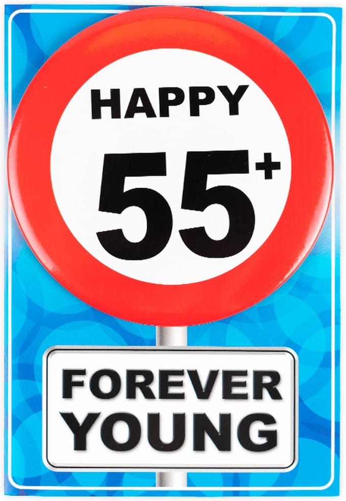 Verjaardagkaart met button | Verkeersbord | Happy 55+
