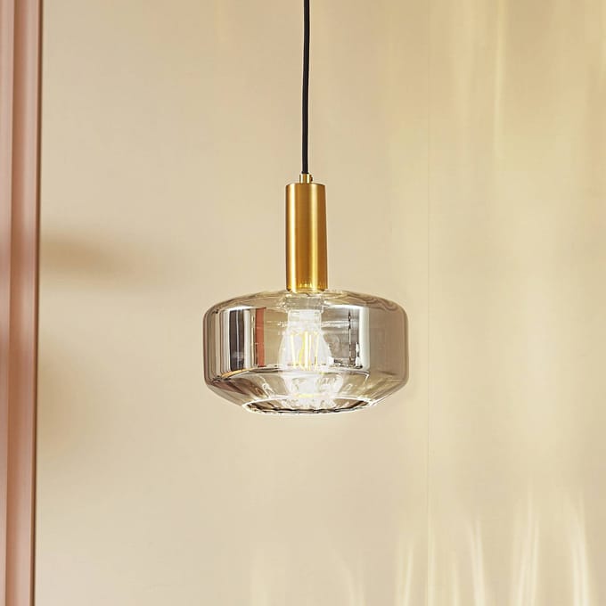 Lindby - hanglamp - 1licht - Glas, ijzer - H: 11.8 cm - E27 - rookgrijs, messing