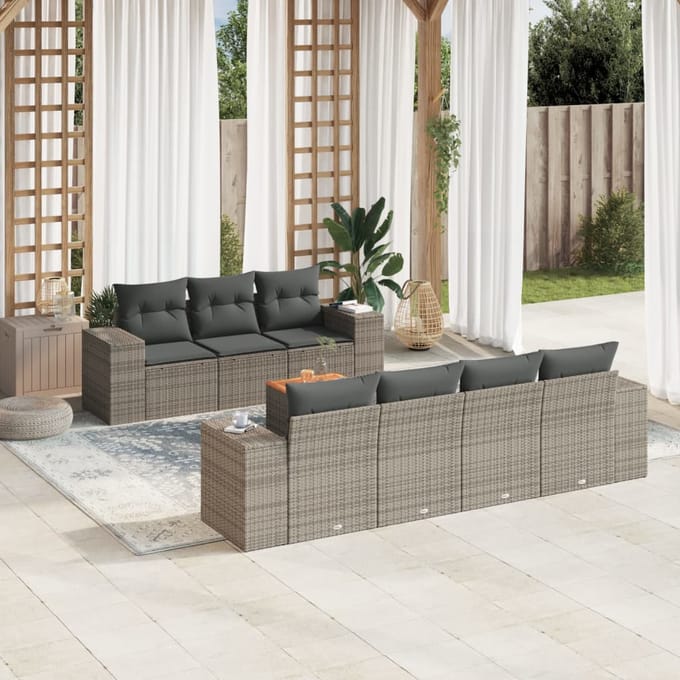 vidaXL - 8-delige - Loungeset - met - kussens - poly - rattan - grijs