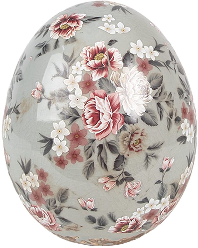Clayre & Eef Decoratie Beeld Ei Ø 10x12 cm Grijs Keramiek Bloemen