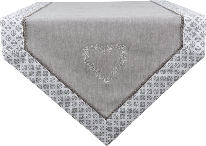 Clayre & Eef Tafelloper 50x150 cm Grijs Wit Katoen Harten Ruiten Tafelkleed